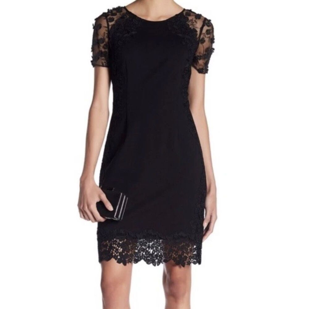 ELIE TAHARI Black Lace Trim Sheath Cocktail Dress, Sz 2